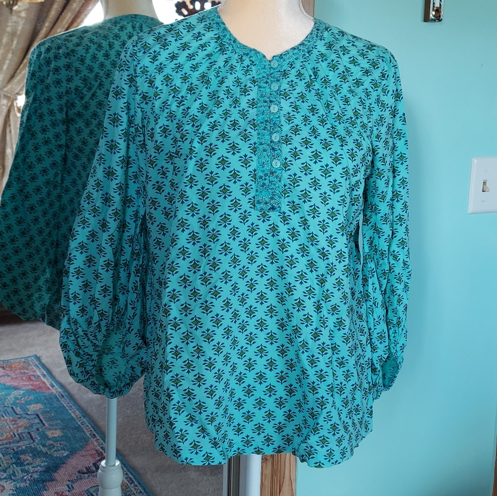 Sundance Catalog Aqua Print Cotton Peasant Blouse